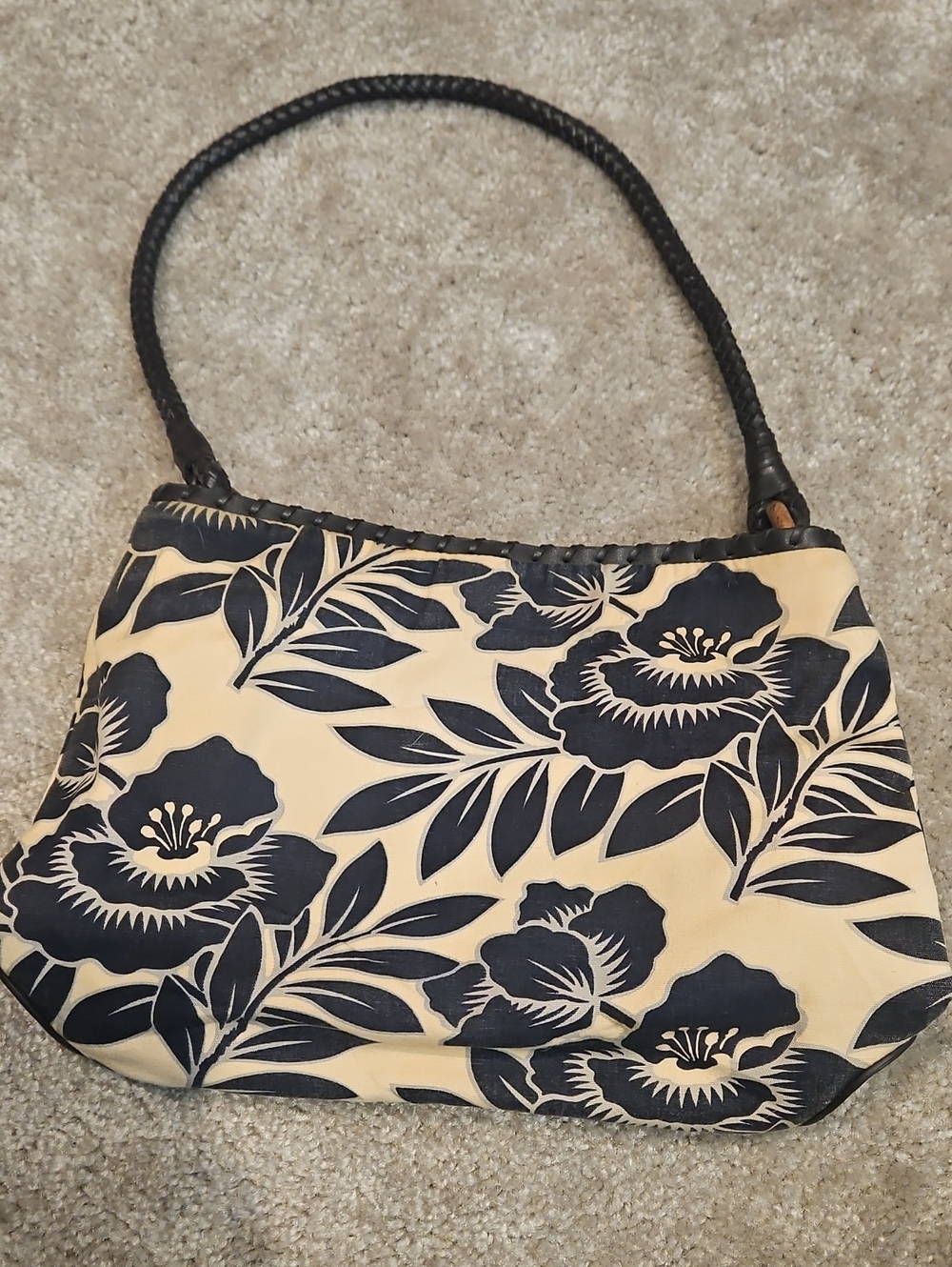 Cream Floral Shoulder Bag with Braided Handle